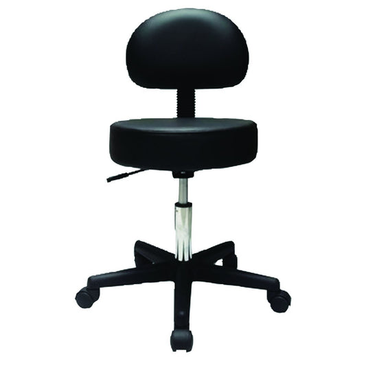 Pneumatic mobile stool, with back, 18" - 22" H, black upholstery