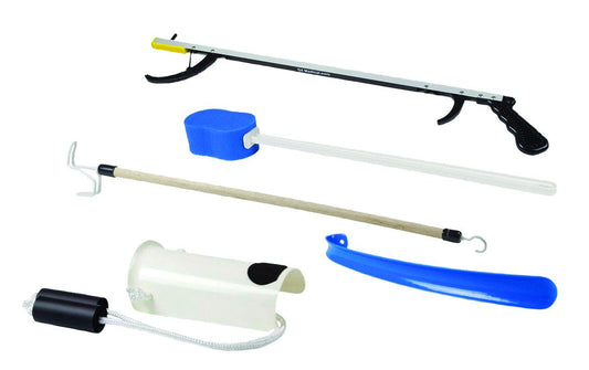 FabLife Hip Kit: 26" Reacher, contoured sponge, formed sock aid, 18" plastic shoehorn, 24" dressing stick